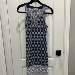 Navy and White Sleeveless Patterned shift Dress